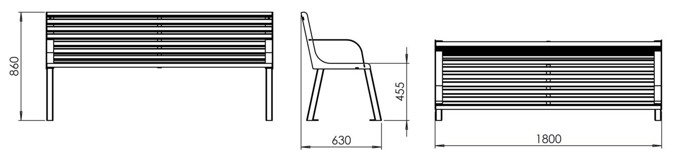 Fulco System VITA bench with backrest and armrests LVI193.01.a Dimensions