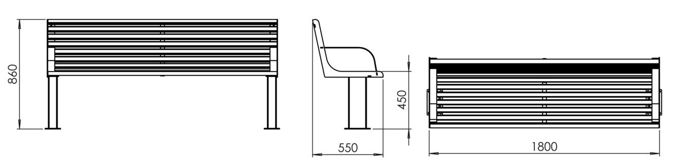 Fulco System VITA bench with backrest and armrests LVI294.01.a Dimensions