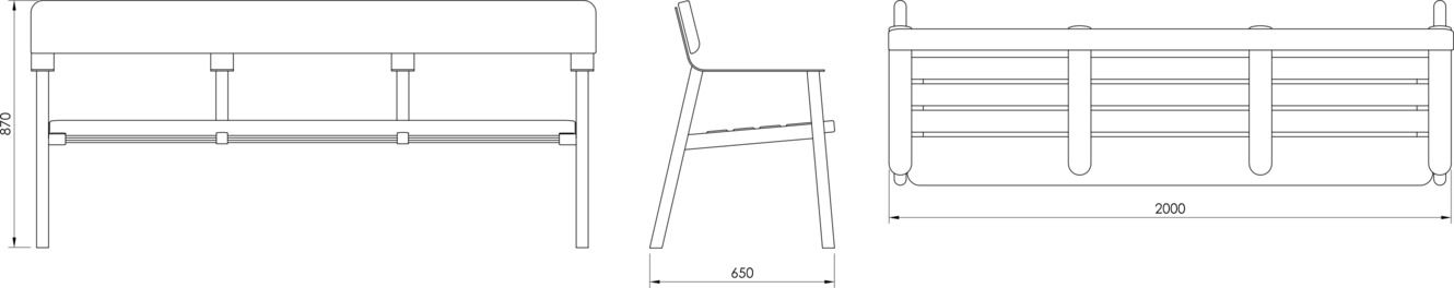Fulco System IPI bench with backrest and armrests LIP140.14 Dimensions